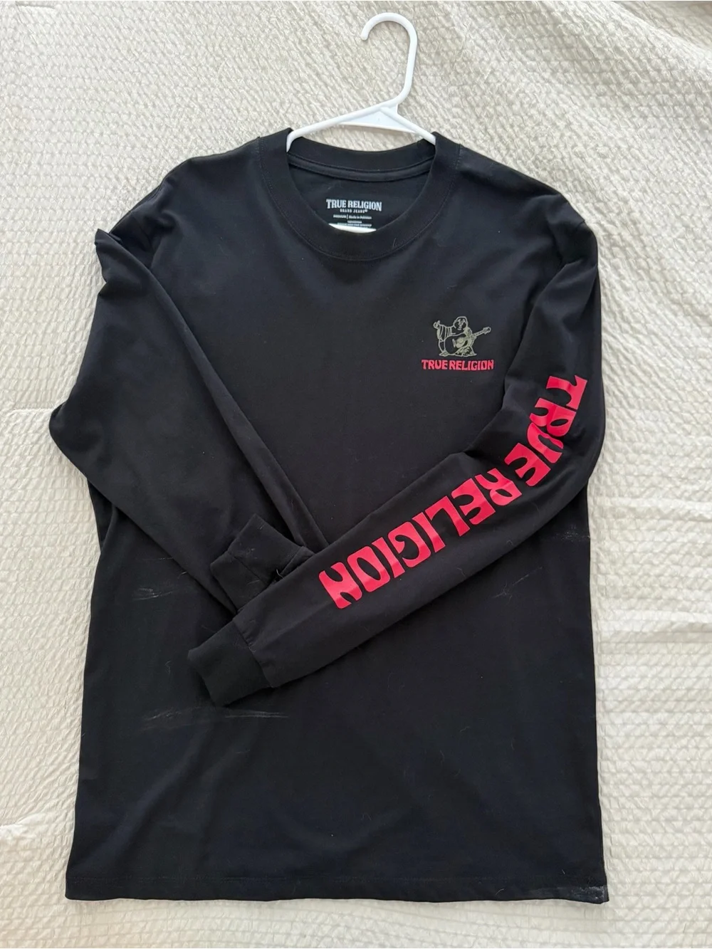 True Religion Black Long-Sleeve Tee with Red Sleeve Logo